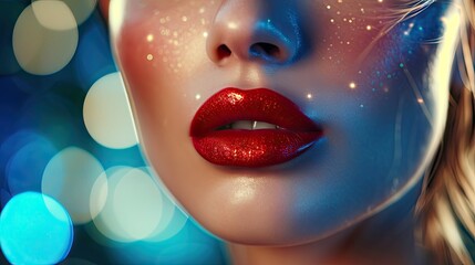 Wall Mural - Close-up portrait of beautiful young woman with red lips on bokeh background