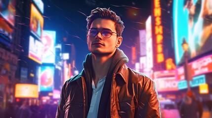Wall Mural - A fashionable young man, standing confidently on a busy pedestrian street, colorful city lights glowing in the evening