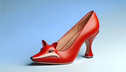 Poster - Funny woman shoe with red fox face and high heel isolated on blue studio background, creative and unique fashion design