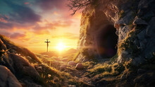 Resurrection Of Jesus Christ Portrayed Against A Sunrise Background, With An Empty Tomb, Shroud, And Crucifixion Imagery For Easter