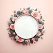 round frame with rose flowers around and empty white center isolated on pastel pink background