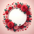 round frame with rose flowers and red hearts around and empty white center isolated on pastel pink background