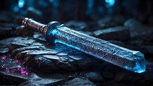 A Frozen Electroluminescent Fantasy Sword Stuck In A Stone