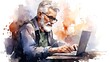 © елена калиничева - Life style of elderly people concept. Old man sitting table with laptop. Freelance, online education concept. Watercolor.