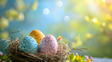 Bird Nest With Three Painted Eggs