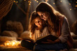 mom and daughter reading a book of fairy tales before going to bed.