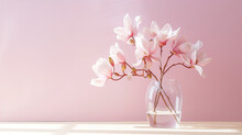 Pink Magnolia Flowers In Glass Vase On Pink Background.  Created With Generative AI.