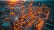 Aerial view of big oil refinery plant at night with beautiful lights. Industrial landscape.