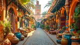 Fototapeta Uliczki - Old narrow street of the traditional Bazaar Market in Asia. Small shops are selling ceramics, carpets, spices fruits and souvenirs