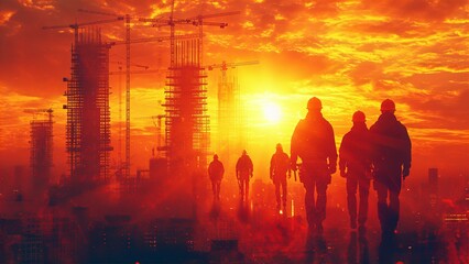 Poster - Builders and construction workers silhouetted to top of new skyscraper are looking over the City and sunset	