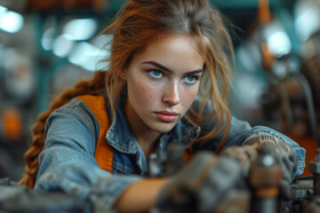 Poster - a skilled female mechanic repairing a car, challenging gender norms in the automotive industry and s