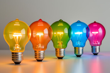 Colorful lights of light bulbs emitting light of various colors on a grey background. a row of colorful light bulbs. Row of Illuminated Rainbow Colored Light Bulbs.