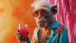 Fashionable anthropomorphic hyperrealistic male monkey character holding refreshing cocktail drink wearing colorful jacket on orange banner background. Fantasy creature concept