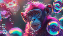 Portrait Of Relaxed Monkey Chimpanzee Baboon With A Neon Pink Fur Among Reflective Soap Bubbles In Sunny Summer Daylight. Cute Animals Concept