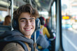 © Nataliia_Trushchenko - young man with headphones on bus or train traveling. Man In Headphones Listening Music Riding In Transport. Man riding bus wearing headphones.