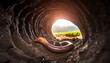 Common earthworm in underground tunnel , light coming from outside