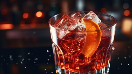 Poster - A close up view of a drink in a glass on a table. This image can be used for various purposes