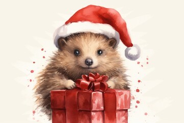Poster - A festive hedge adorned with a Santa hat, holding a red present. Perfect for Christmas-themed designs and holiday greetings