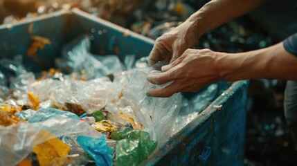 Poster - A person is shown picking up plastic bags from a bin. This image can be used to highlight recycling, environmental awareness, or waste management
