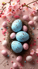 Greeting card for Easter, with Easter eggs in a nest on a pink background.