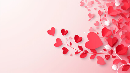 Wall Mural - Paper cut decoration of pink and red hearts in right corner on light rose background with empty copy space. Happy love Valentines Day concept