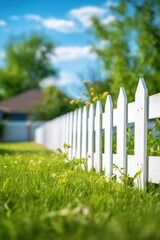 Canvas Print - A white picket fence stands in the grass with a house in the background. Ideal for home and real estate-related concepts