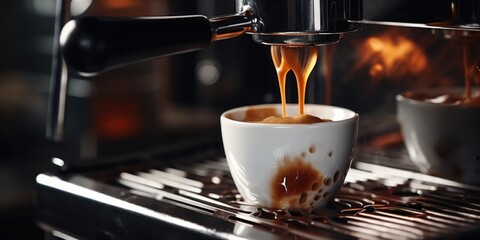 Poster - A cup of coffee being poured into a coffee machine. Suitable for illustrating the process of making coffee.