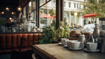 Aufkleber - A wooden table with cups and saucers. Perfect for coffee shop menus or kitchen decor
