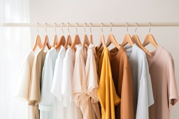 Poster - A row of clothes hanging on a rail. Suitable for fashion, laundry, or wardrobe concepts