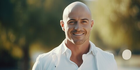 Poster - A bald man wearing a white shirt smiles directly at the camera. This versatile image can be used in various contexts