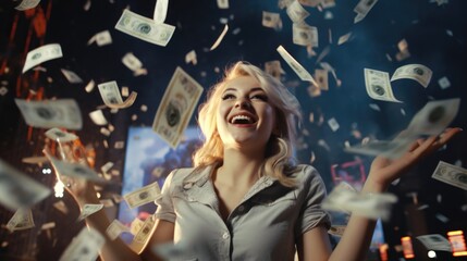 Poster - A woman is shown smiling as she throws money in the air. This image can be used to depict happiness, success, or financial freedom
