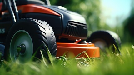 Poster - A lawn mower sitting on top of a lush green field. Perfect for showcasing the maintenance and care of a well-manicured lawn