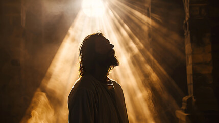 Dramatic silhouette portrait of Jesus Christ in prison before execution, crucifixion in the sun, suffering and pain of Jesus before crucifixion. Good Friday.