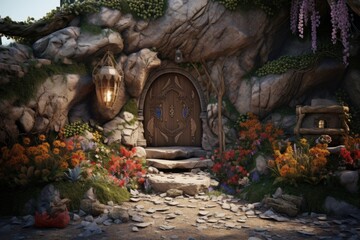 Poster - A painting of a door in a cave adorned with beautiful flowers. This image can be used to add a touch of mystery and enchantment to various design projects