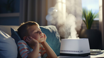 Poster - A young boy sitting on a couch next to a humidifier. Perfect for illustrating the importance of maintaining indoor air quality.