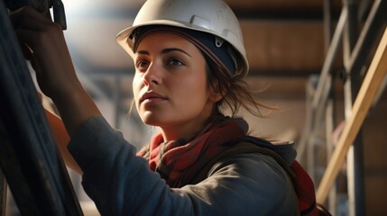 Wall Mural - A woman wearing a hard hat and a scarf. Suitable for construction, engineering, or outdoor work-related projects