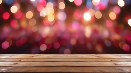 Aufkleber - A wooden table with blurred lights in the background. Suitable for various uses