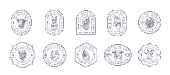 Wall Mural - Meat Vegetables and Poultry Farm Retro Framed Badges Logo Templates Collection. Hand Drawn Domestic Animals and Birds Sketches with Retro Typography. Vintage Sketch Emblems Set Isolated