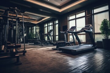 Poster - A row of tread machines in a gym room. Perfect for fitness and exercise related designs
