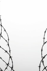 Poster - A black and white photo of a barbed wire fence. This image can be used to depict themes of security, imprisonment, boundaries, or protection
