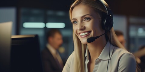 Aufkleber - A woman wearing a headset sits in front of a computer. Suitable for customer service or remote work concepts
