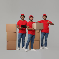 Sticker - Delivery service. Happy courier with cardboard boxes on light grey background, collage of photos