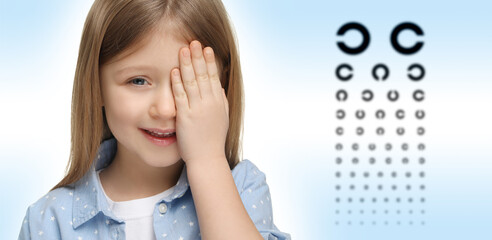 Canvas Print - Vision test. Little girl and eye chart on gradient background. Banner design