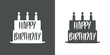 Logo con silueta de tarta con velas encendidas y texto Happy Birthday para su uso en tarjetas y felicitaciones