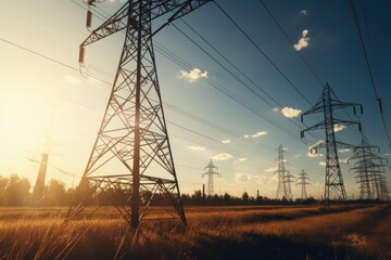 Poster - A picture of a field of grass with power lines in the background. Suitable for nature, energy, and infrastructure themes