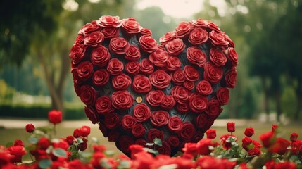 Poster - A heart made out of red roses in a garden. Perfect for expressing love and romance.