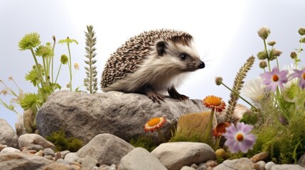 Poster - A hedge sitting on top of a rock surrounded by vibrant flowers. Perfect for garden design inspiration