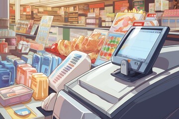 Poster - A picture of a cash register in a grocery store. Perfect for illustrating the point-of-sale process in a retail environment