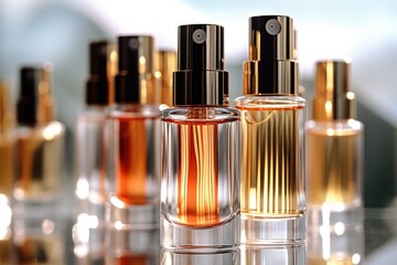 Aufkleber - A group of perfume bottles sitting on top of a table. Perfect for showcasing different scents and fragrances.