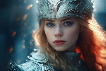 Poster - A woman wearing a silver helmet and vibrant red hair. This image can be used to depict a strong and confident female character in various settings